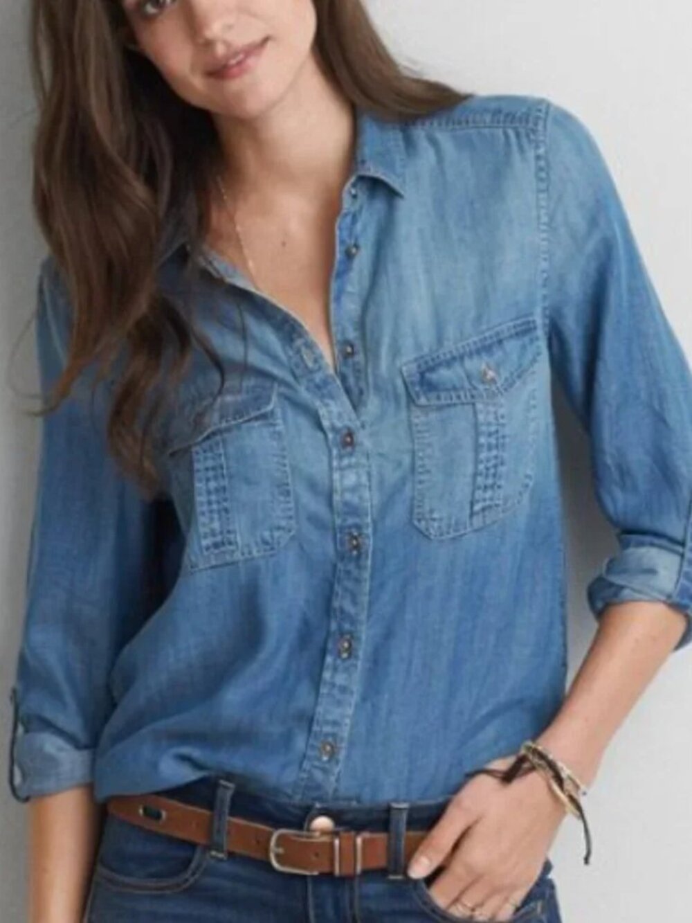 American Eagle Outfitters Vintage Boyfriend Denim Chambray Snap Up Shirt